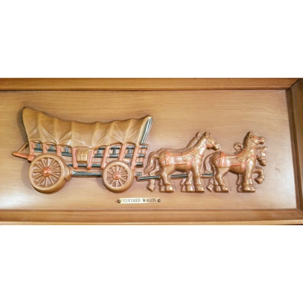 Vintage Mid Century Iron Horse & Covered Wagon Wall Plaques WT Grant Co 16